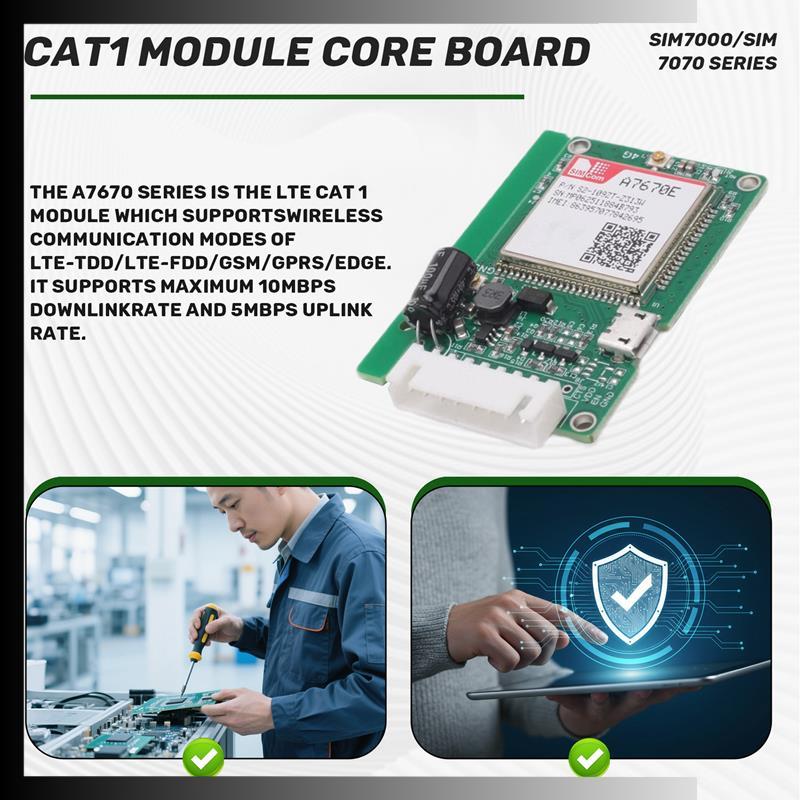 SIMCOM A7670E 4G LTE Cat1 โมดูล A7670E 4G LTE Cat1 โมดูลพร้อมช่องใส่ซิมการ์ด TTL UART 2G LTE-FDD B1/