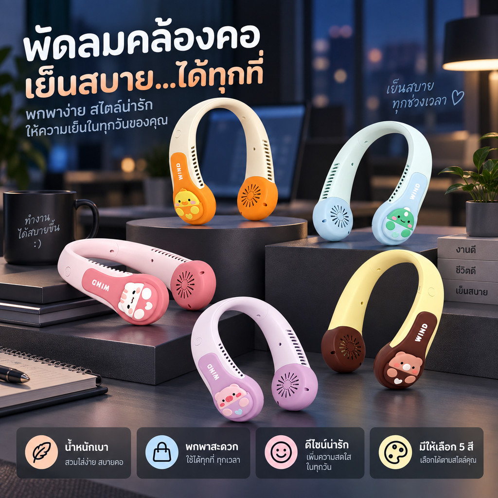 พร้อมส่ง!!พัดลมคล้องคอลายการ์ตูน พัดลมพกพา พัดลมห้อยคอ ไม่ต้องถือ 1200m พัดลมระบายความร้อน ชาร์จUSB ปรับลมได้ 3 ระดับ