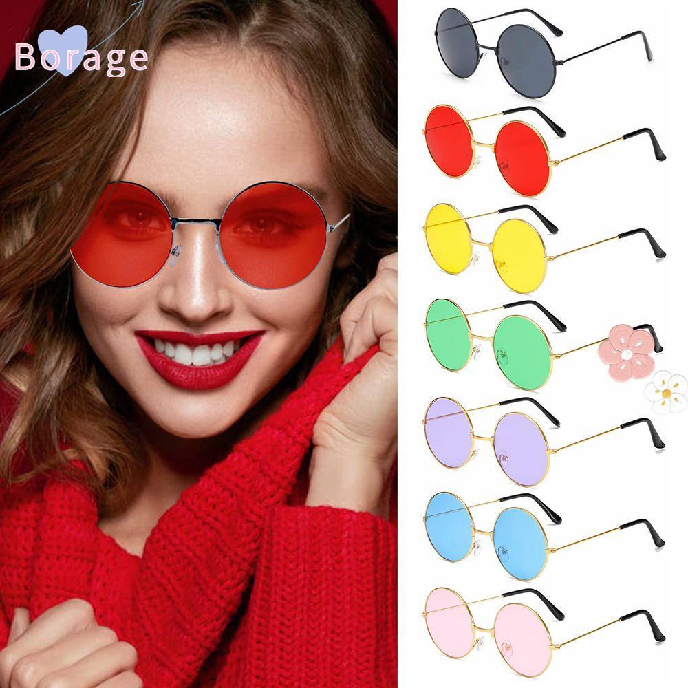 BORRAONE แว่นกันแดดทรงกลมแฟชั่น Hippie Disco Circle Glasses