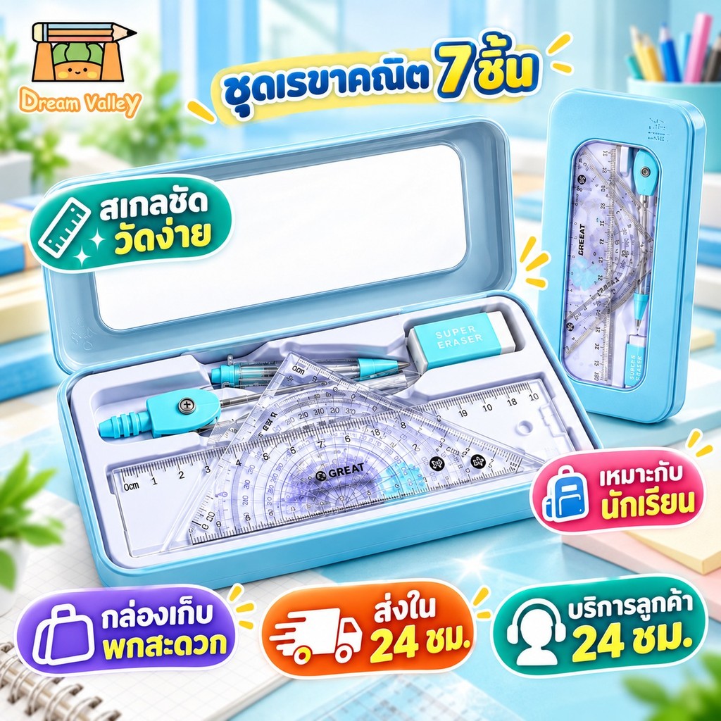 ชุดอุปกรณ์คณิตศาสตร์ 7 ชิ้น พร้อมไม้บรรทัดและโปรแทรกเตอร์ สำหรับห้องเรียน