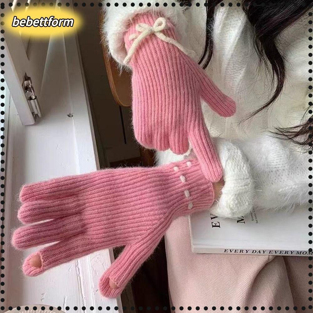 BEBETTKISS ถุงมือถักโบว์ขนสัตว์, ถุงมือหน้าจอสัมผัสกันลมสีทึบ, พื้นผิวถักที่อบอุ่น, ถุงมือเต็มนิ้วกีฬากลางแจ้ง