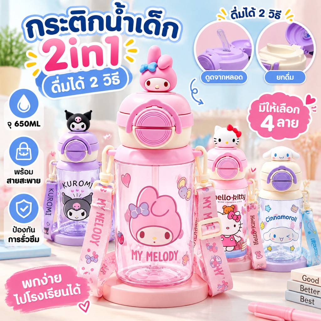 ✨พร้อมส่✨กระติกน้ำ กระติกน้ำเด็กพกพา หลอดเด้ง 2in1มีสายสะพาย ขวดน้ำเด็กไปโรงเรียน 650ml