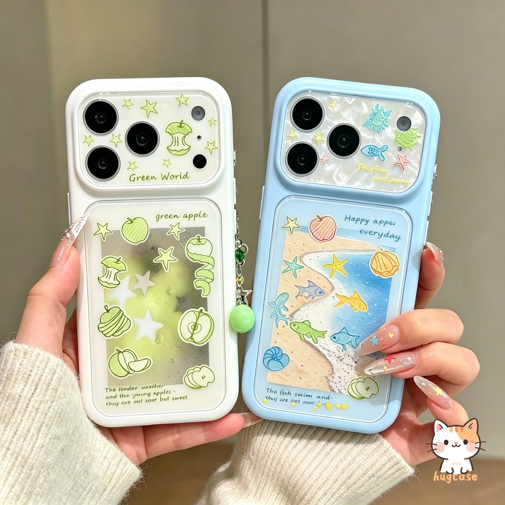 สำหรับ iPhone 15 17 18 13 16 11 12 14 Pro Max 13 15 17 16 18 Pro เคสโทรศัพท์หน้าต่างใหญ่ ลายผลไม้และทะเลสดใส