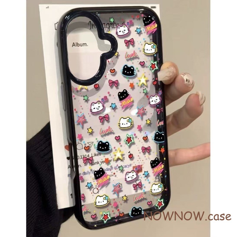 สําหรับ IPhone 17 16 15 14 plus 13 12 11 Pro Max น่ารักขอบสีดํา graffiti star cat เคสโทรศัพท์ปกอ่อน
