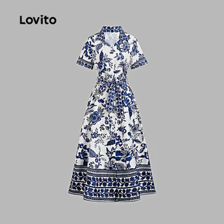Lovito วันหยุด กระโปรงผู้หญิง ผูกเชือก ติดกระดุมหน้า สีกรมท่า ฤดูใบไม้ผลิ ฤดูร้อน สําหรับสุภาพสตรี L154LD175