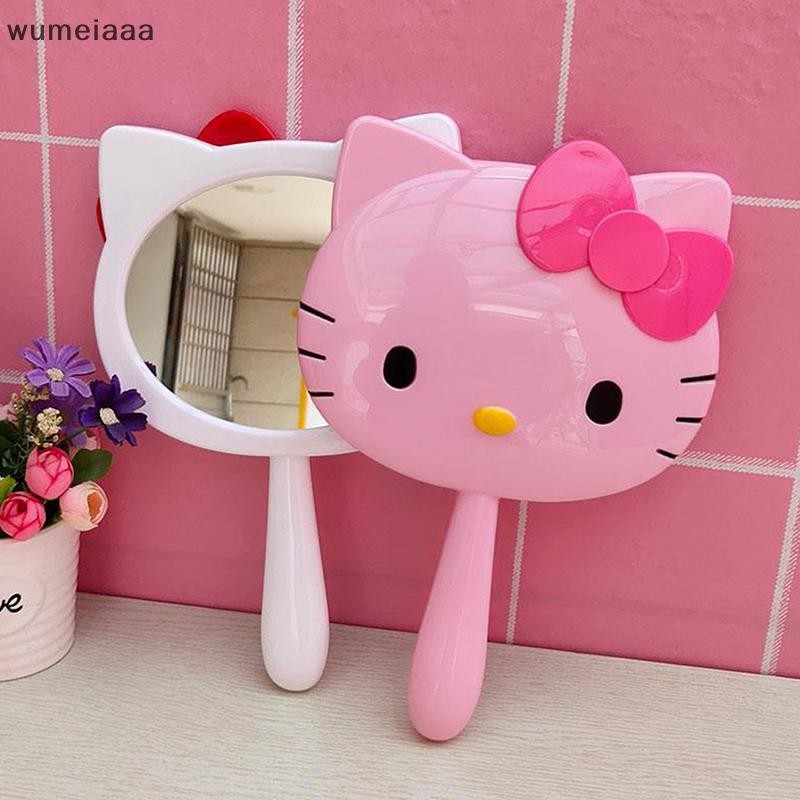 Wumeiaaa การ์ตูน Sanrio Hello Kitty กระจกแต่งหน้ามือถือ Kawaii Kt Cat Handle Make Up Mirrors สาวของข