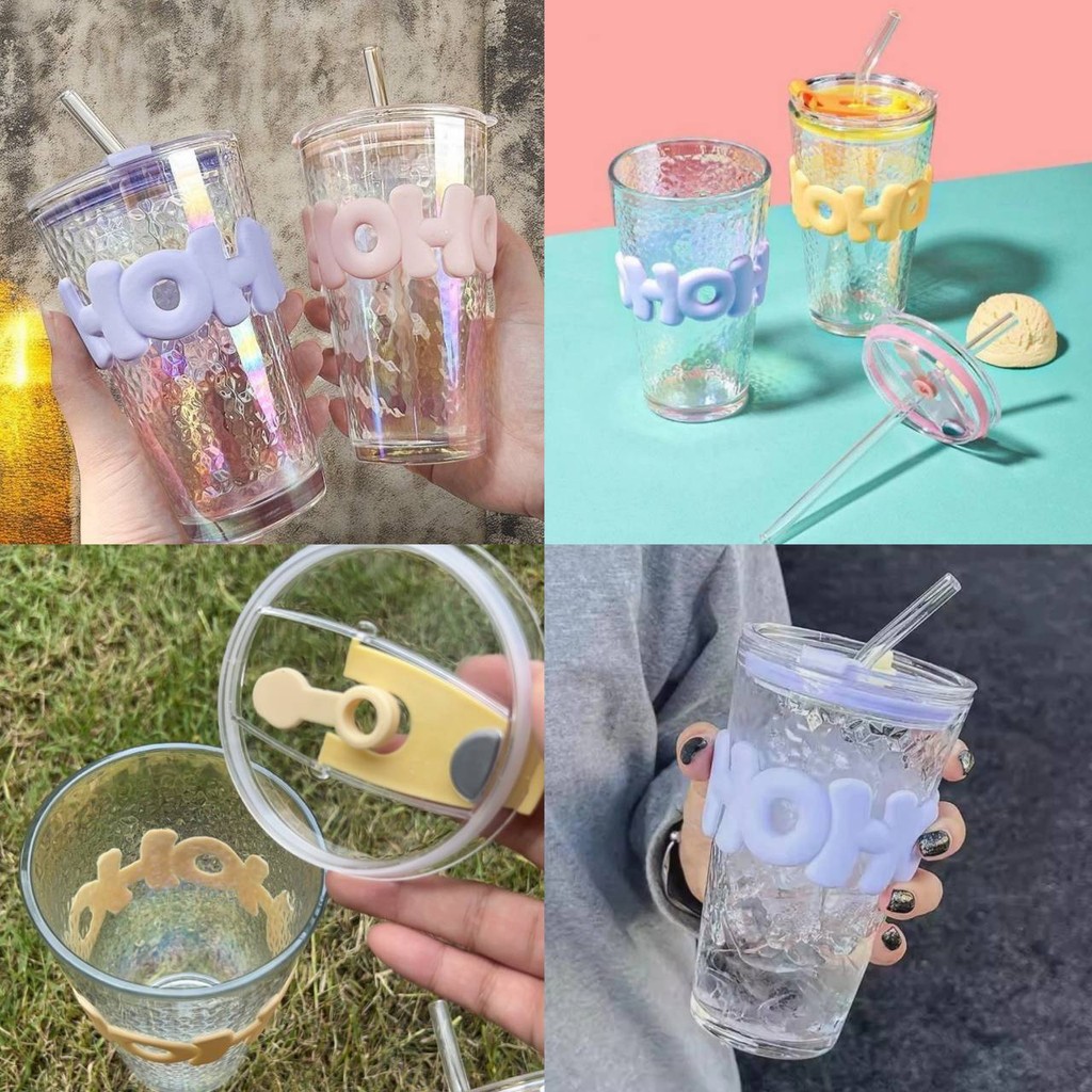 แก้วน้ำดื่ม❤️‍🔥พร้อมส่ง❤️‍🔥มีฝามีหลอด แก้วชานม แก้วหลอดดูดน้ำพกพา แก้วมินิมอล สำหรับใส่เครื่องดื่ม 🍒