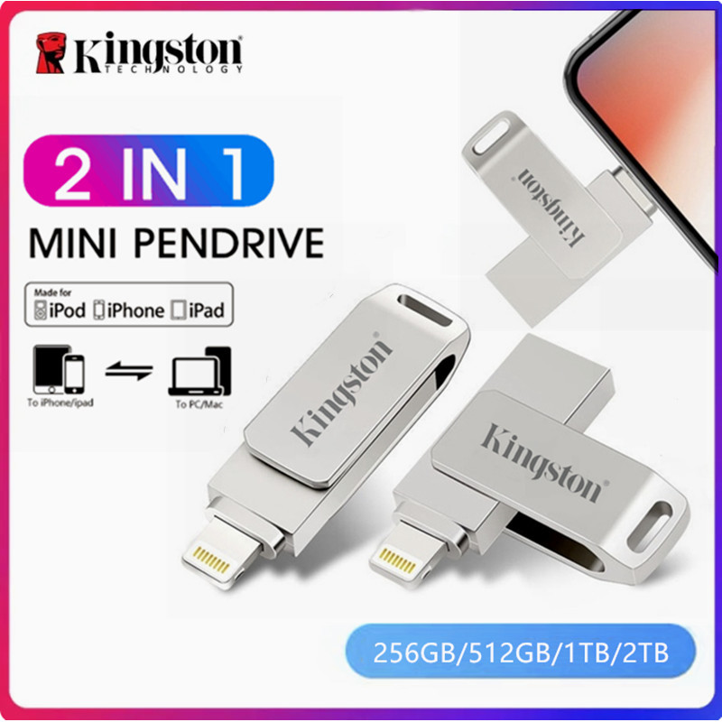 Kingston 1TB 2TB Pendrive สําหรับ iPhone แฟลชไดรฟ์ 2-in-1 Lightning Memory Stick เข้ากันได้กับ Apple
