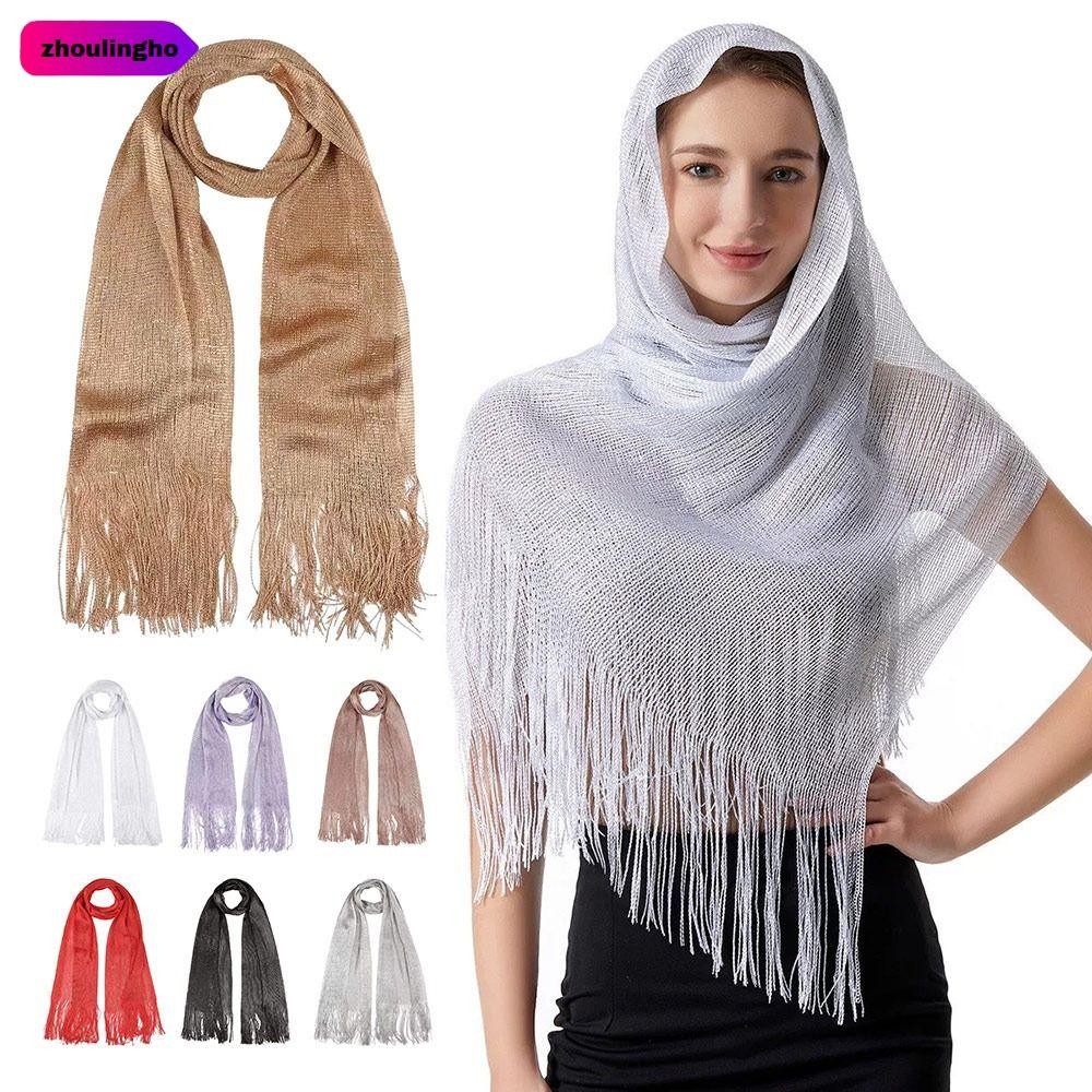 ZHOULINGHO ผ้าพันคอลายพู่ผ้าไหม แบบเน็กเกอร์ชิฟ บางและแวววาว สำหรับสวมใส่ในโอกาสต่างๆ และการเดินทาง