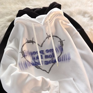 เสื้อกันหนาว แขนยาว พิมพ์ลายหัวใจ ทรงหลวม แบบสวมหัว สไตล์เกา…