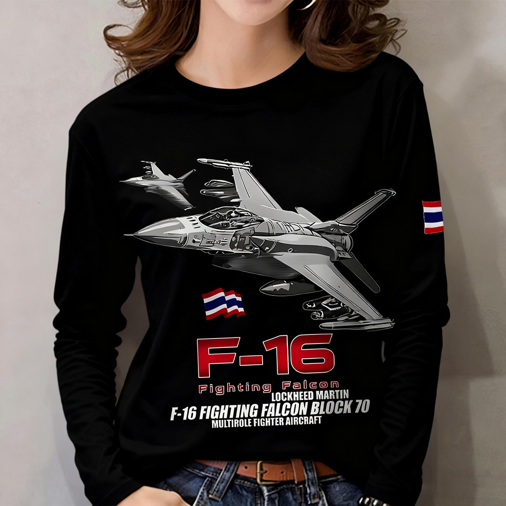 เสื้อยืดลายใหม่รักชาติรุ่นผู้หญิงF-16นักรบลวดลายเสื้อยืดแขนยาวลำลองแฟชั่นบุคลิกภาพ
