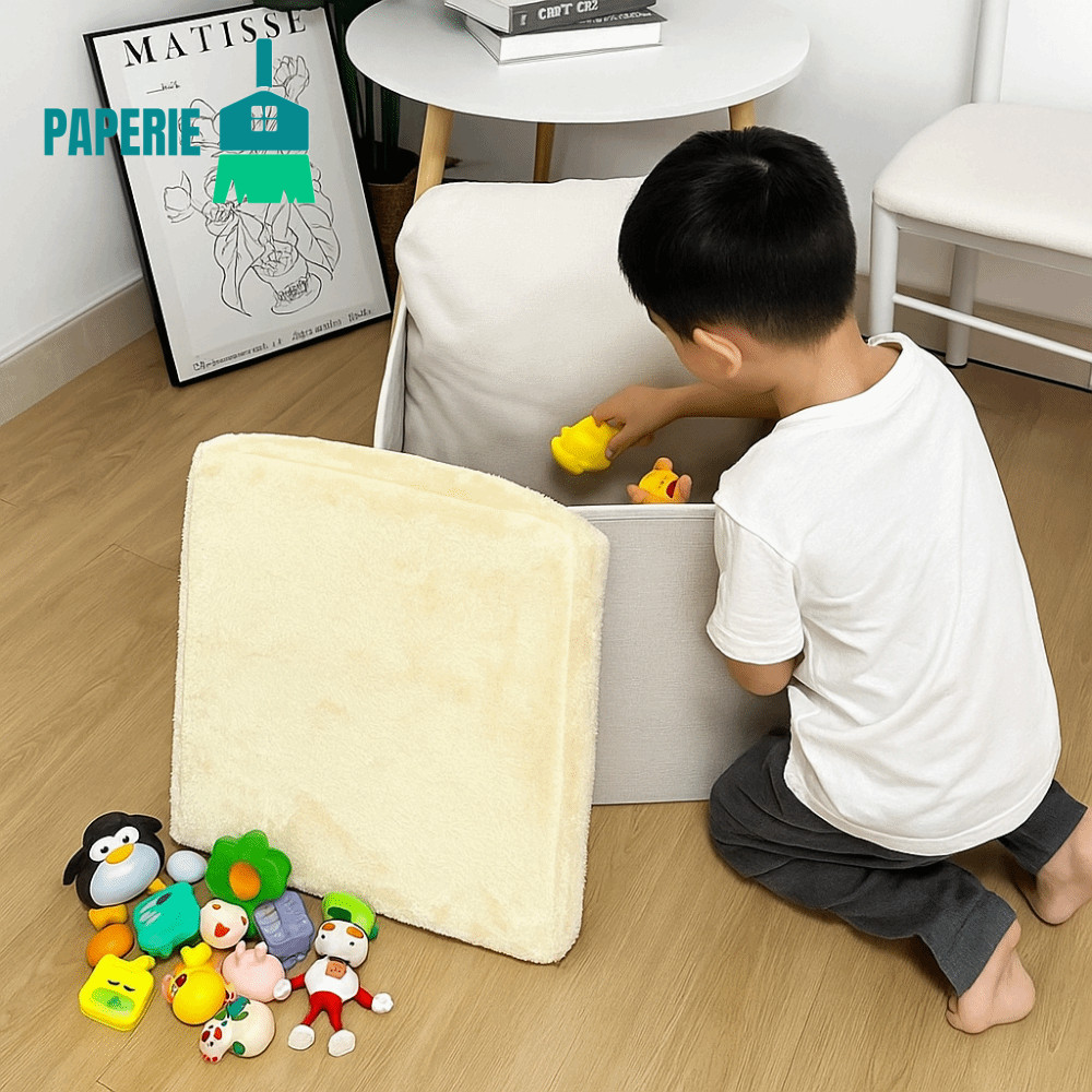 PAPERIE Storage Ottoman, การออกแบบพับได้ประหยัดพื้นที่ที่นั่งพับได้ Ottoman, วัสดุกํามะหยี่พับได้ Mu