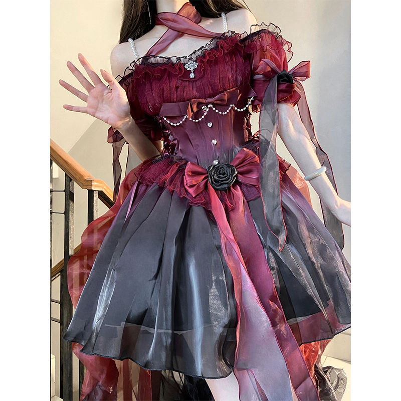 ชุดคริสต์มาส Burgundy lolita Dress Dress Dress ดอกไม้งานแต่งงาน Light lo วิ่งชุดเจ้าหญิงกระโปรงนางฟ้