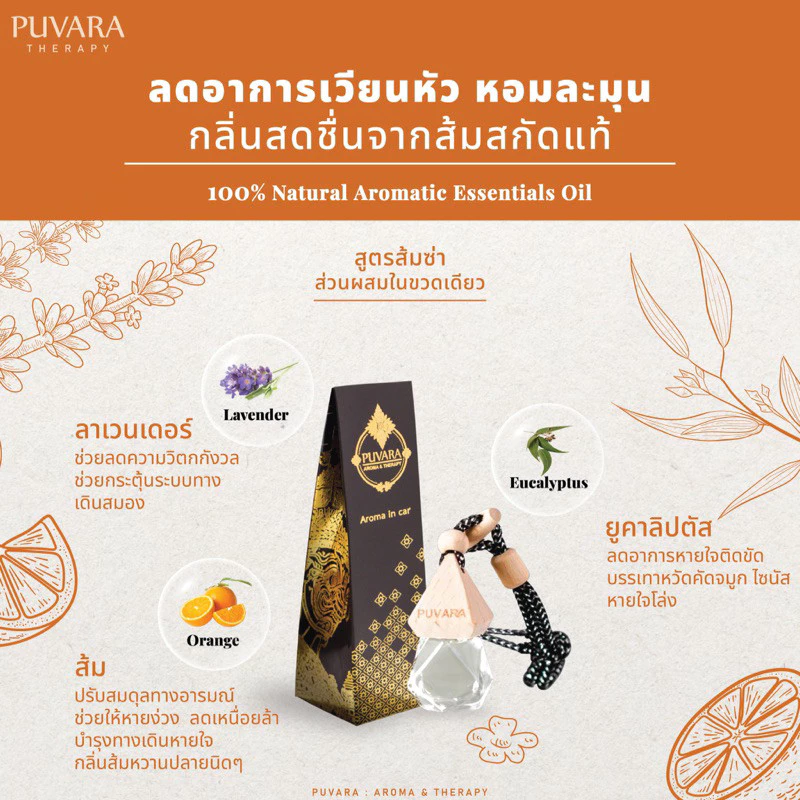 Puvara ภูวรา น้ำหอมรถยนต์ Aromatic in car น้ำมันหอมระเหยปรับอากาศ ธรรมชาติ รถยนต์ 8ml.