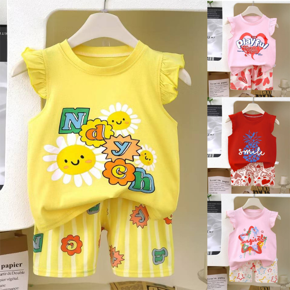 พร้อมส่ง [ชุดเซ็ทเด็กผู้หญิง] เสื้อแขนสั้นทรงระบาย+กางเกงขาสั้น Size73-110 1เดือน-6ปี
