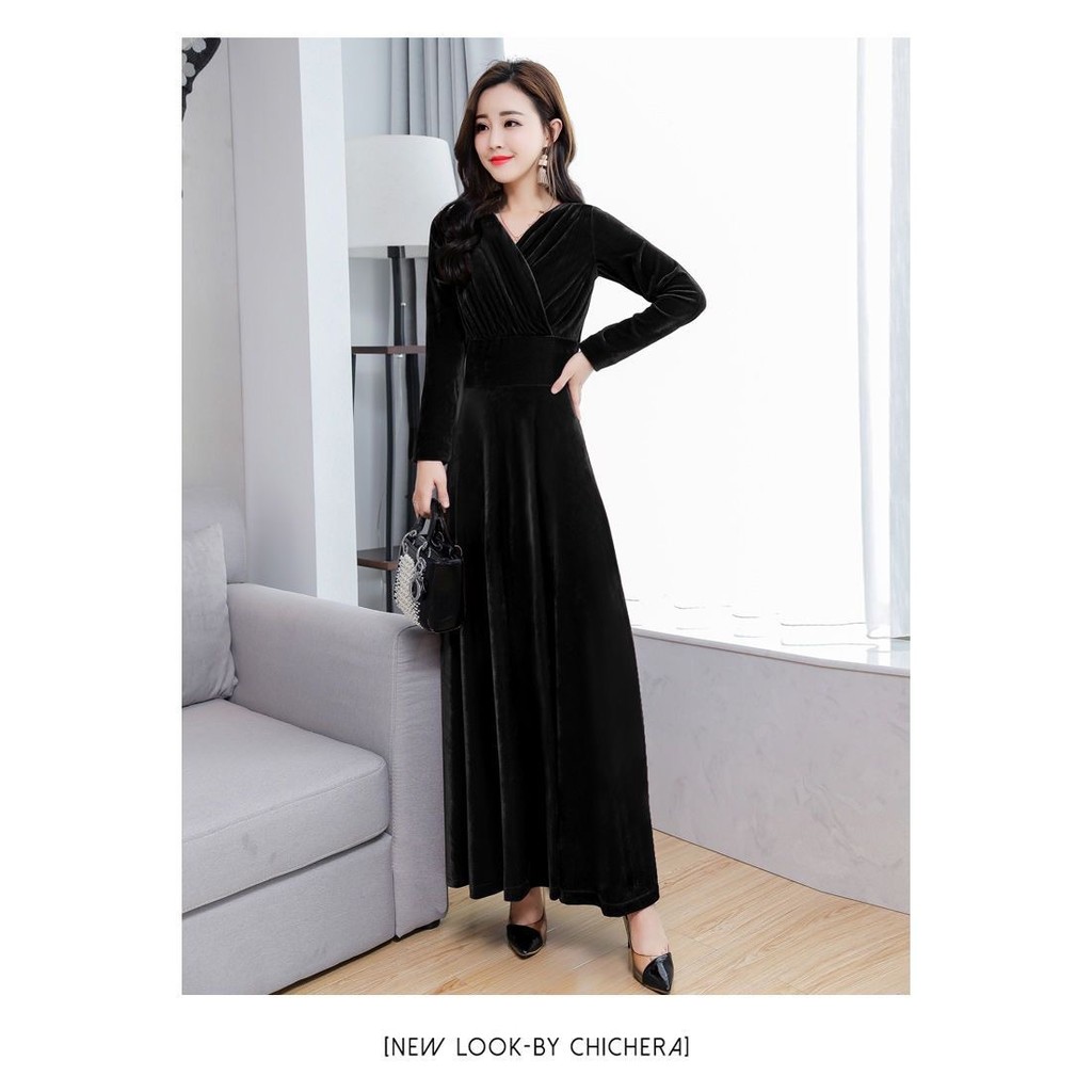 ชุดกำมะหยี่สีทองยาว แขนยาว พอดีตัว เหมาะสำหรับฤดูใบไม้ร่วงและฤดูหนาว - รูปที่ 5