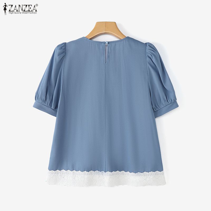 ZANZEA สไตล์เกาหลีสำหรับผู้หญิง ฤดูร้อน พัฟแขน โบว์ตัดต่อสีตัดทึบ และงานปักลายลูกไม้ — صورة 8