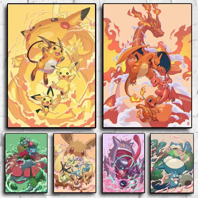 Wall Art คลาสสิก ผ้าใบ โปสเตอร์ Pokemon Pikachu ภาพวาด ของขวัญสำหรับห้องนอนที่มีลายการ์ตูน