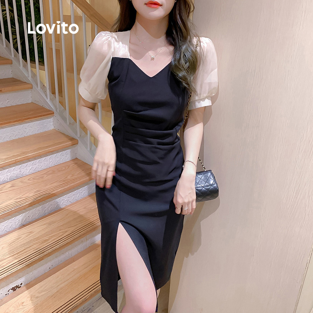 Lovito ชุดเดรสสีดำแยกชิ้นสีบล็อกหรูหราสำหรับผู้หญิงในฤดูใบไม้ผลิ/ฤดูร้อน LNE117059