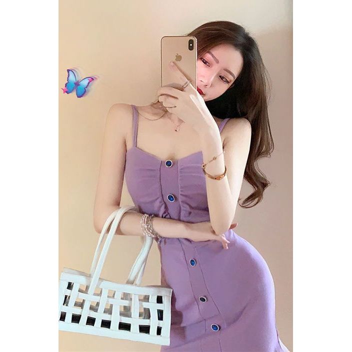 กระโปรงแขวน 2025 Classy ไนท์คลับเซ็กซี่ V คอ Halter กระเป๋าเป้สะพายหลังสะโพกกระโปรงผอมชุดสีม่วง 6.29