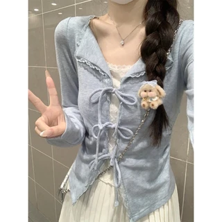 เกาหลีของปลอมสองชิ้นลูกไม้การประกบแขนยาวเสื้อยืด หวานหูกระต่ายทรงเข้ารูปเสื้อแจ็กเกต จัดส่งจากกรุงเทพ