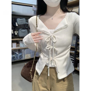 เกาหลีของปลอมสองชิ้นลูกไม้การประกบแขนยาวเสื้อยืด หวานหูกระต่ายทรงเข้ารูปเสื้อแจ็กเกต จัดส่งจากกรุงเทพ