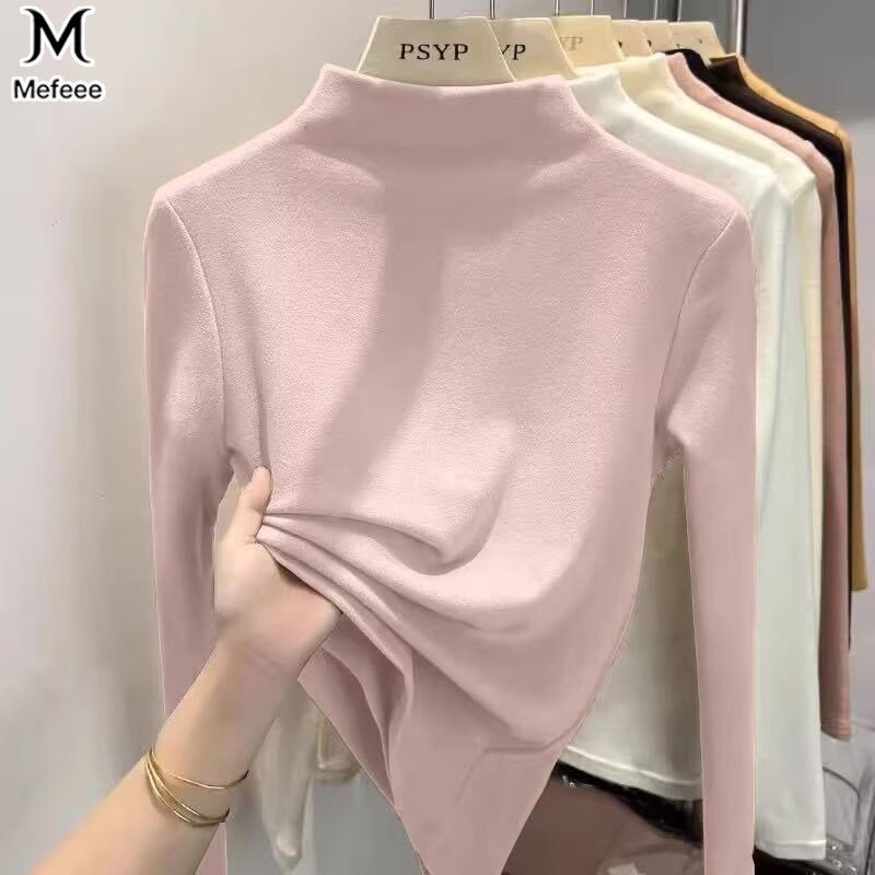เสื้อความร้อนฤดูหนาวพื้นฐานของผู้หญิงสลิมฟิตแขนยาวเสื้อตัวในที่อบอุ่นหนาคอปกสูงความร้อนด้านบน