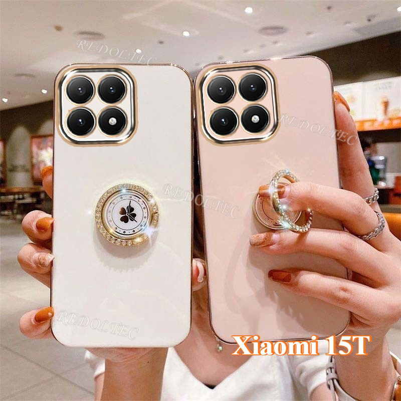 Xiaomi 15T 2025 ปลอกเคสดีไซน์ใหม่ Xiaomi15T ซิลิโคนอ่อนนุ่มหรูหราฝาครอบโทรศัพท์ชุบด้วยไฟฟ้าพร้อมที่วางขาตั้งแหวน