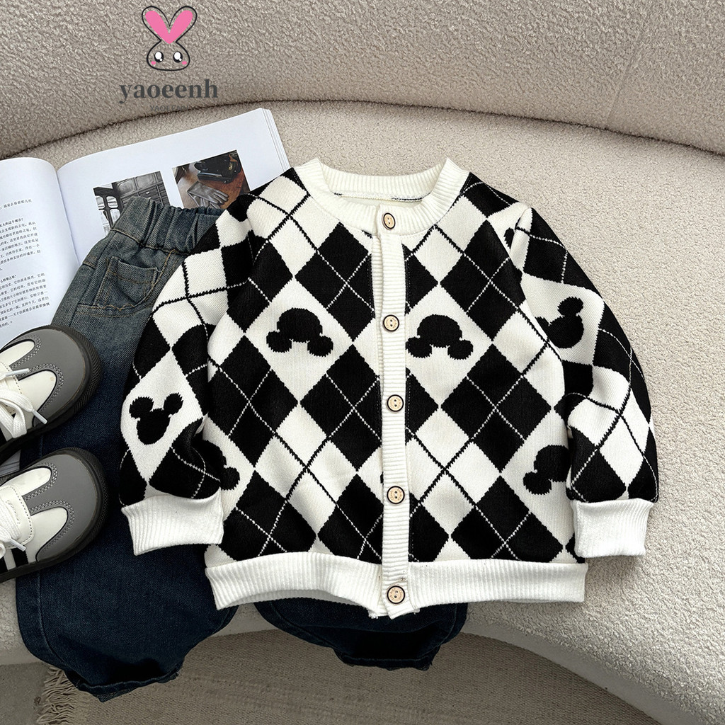 【YAOEENH】80-150 ซม.ฤดูใบไม้ผลิฤดูใบไม้ร่วงเด็กขนแกะ-ขนแกะ การ์ตูนถักแจ็คเก็ตชายหญิงทุกการแข่งขันปุ่มคาร์ดิแกนท็อปส์อ่าน