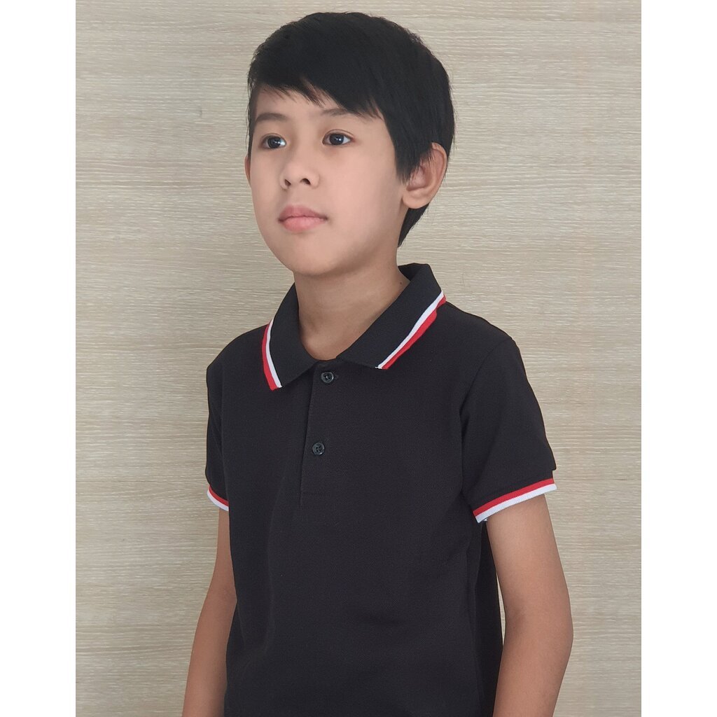 เสื้อโปโลเด็กสีดำ เสื้อคอปกเด็ก แขนสั้น สีดำ ขลิบแดง-ขาว เสื้อโปโลเด็ก LBK10