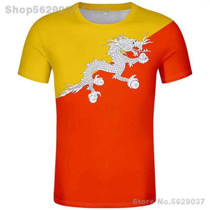 เสื้อยืด Bhutan สีดำ พิมพ์ลายวิทยาลัย พร้อมโลโก้ธงชาติ Bhutan กำหนดชื่อและหมายเลขเองได้