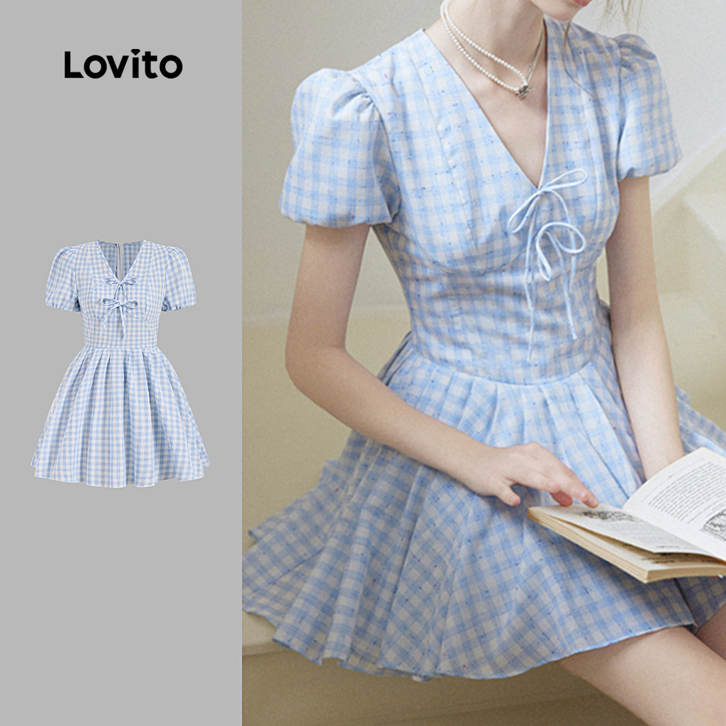(New) Lovito ชุดเดรสลายลูกไม้แบบผูกโบว์พับพลิ้วในฤดูใบไม้ผลิ/ฤดูร้อน สีน้ำเงิน สำหรับผู้หญิง L144AD040