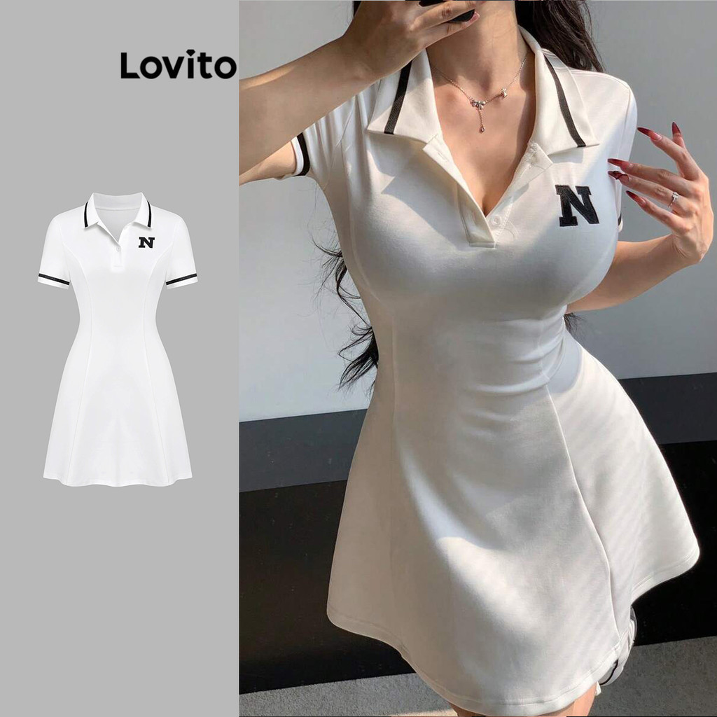 Lovito เดรส แต่งกระดุม จับเดรป กุ๊นขอบสีตัดกัน สีพื้น สไตล์แคชชวล สำหรับผู้หญิง L177AD072