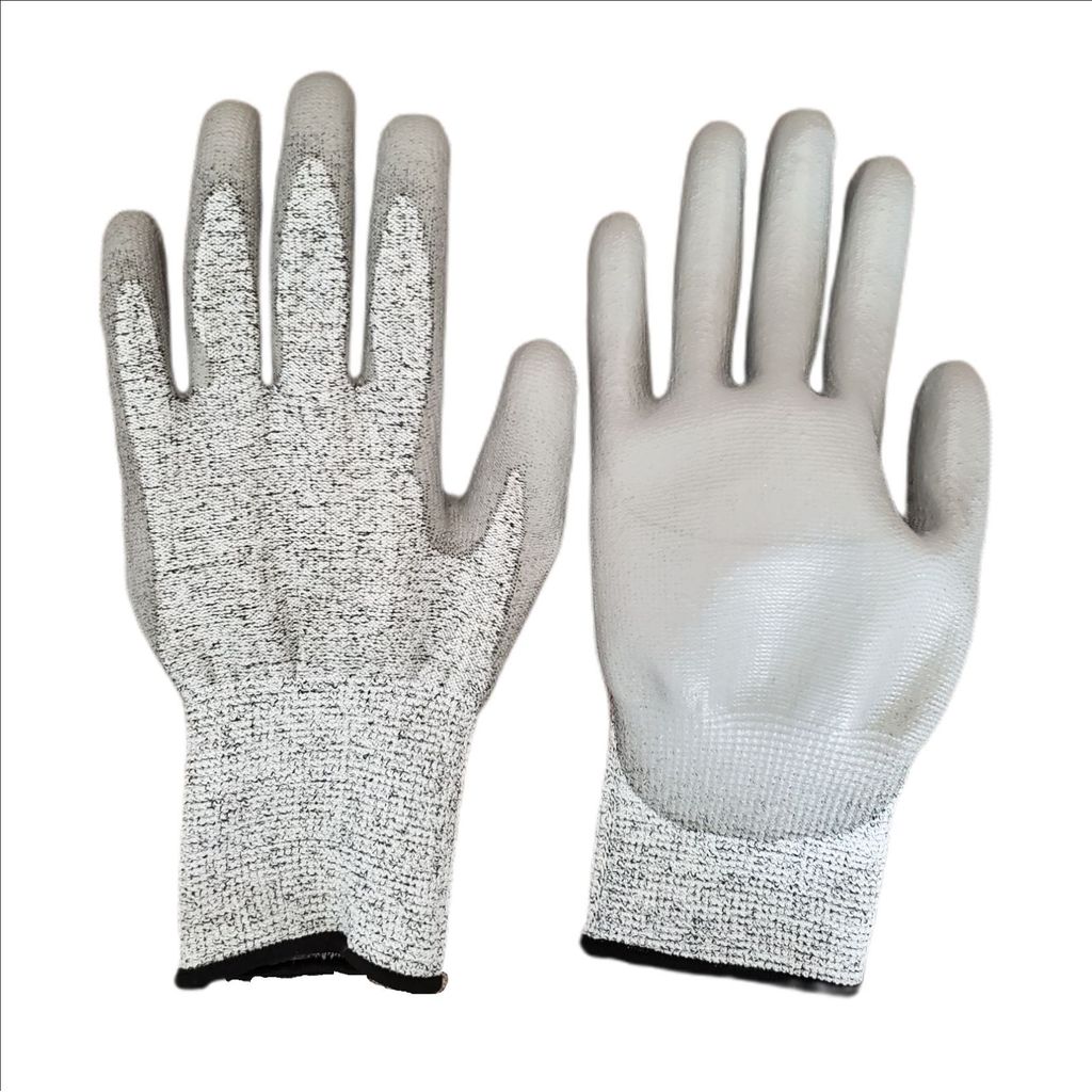 EN388 ด้ายถัก HPPE เกรด 5 ถุงมือทํางานที่ทนต่อการตัดตัดตัดป้องกันแก้วถุงมือยูรีเทนการจัดการ