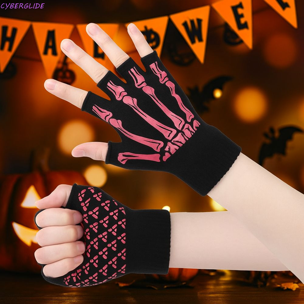 CYBERGLIDE Punk Skeleton Gloves, ถุงมือโครงกระดูกฮาโลวีนสีดําถัก, แต่งตัว Ghost Claw Thicken Stretch