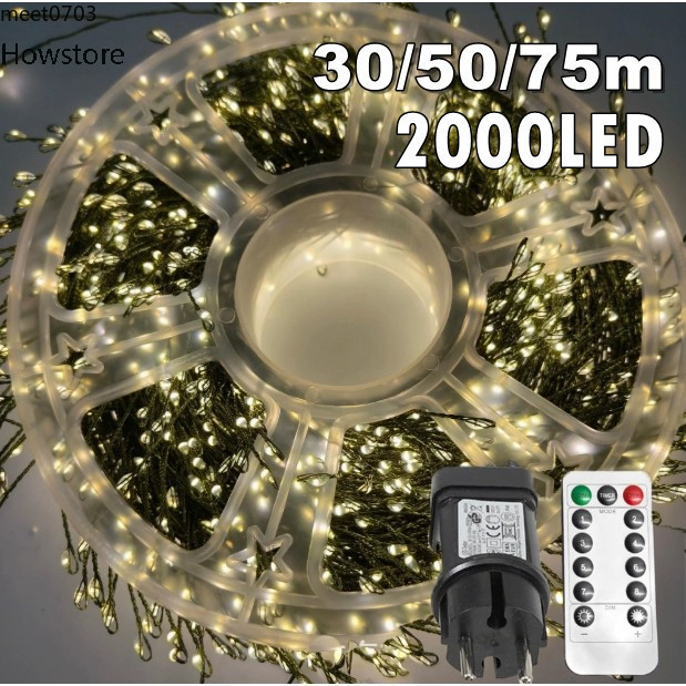 COD 20/30/50/75m ต่อม้วนไฟคริสต์มาสปลั๊กรีโมทสีเขียวสายไฟไฟไฟ Twinkle Led ไฟ Fairy สําหรับต้นคริสต์มาสตกแต่งห้องนอนพวงหรีด Party