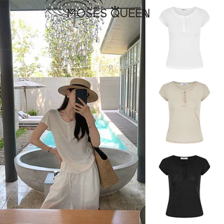 MOSESQUEEN ความเมตตา คอพับขอบหลวมกระชับสัดส่วนและเสื้อยืดแขนสั้นซีทรูเล็กน้อยสําหรับผู้หญิง-เสื้อฤดูร้อนอเนกประสงค์ #63907