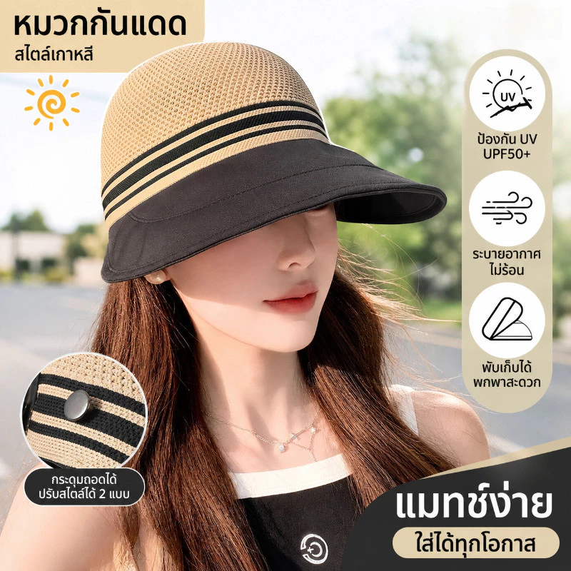 หมวกบังแดด หมวกกันแดดปีกกว้าง สามารถปรับสายได้ ป้องกันแดดกันUV สไตล์ลำลอง