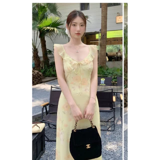 แม็กซี่เดรส สายเดี่ยวสีเหลือง ทรงเอ แต่งระบายสาย ลายดอกไม้ ผ้าตาข่าย ซับในเต็มตัว คอวีผูกโบว์ กระโปรงทรงเอ #8212