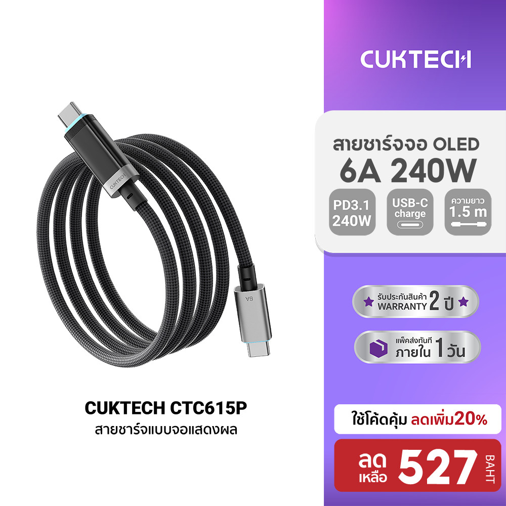 [ลดเหลือ 527] CUKTECH CTC615P 6A 240W สายชาร์จมีจอ จอ OLED USB-C to USB-C รองรับชาร์จเร็ว PD3.1 ยาว 1.5 เมตร -24M