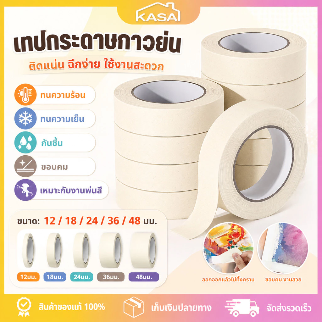 เทปย่น Masking Tape เทปกระดาษกาวย่น เทปหนังไก่ 12/18/24/36/48มม 16หลา ฉีกได้ เขียนได้ บังพ่นสี ทาสี
