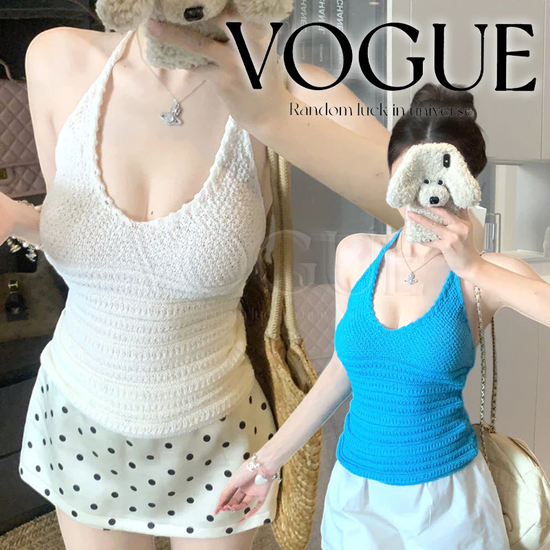 Vogue🌟พร้อมส่ง🌟 เสื้อคล้องคอผ้าถักไหมพรม ทรงวีสำหรับผู้หญิง สไตล์สาวแซ่บ (Y9387)
