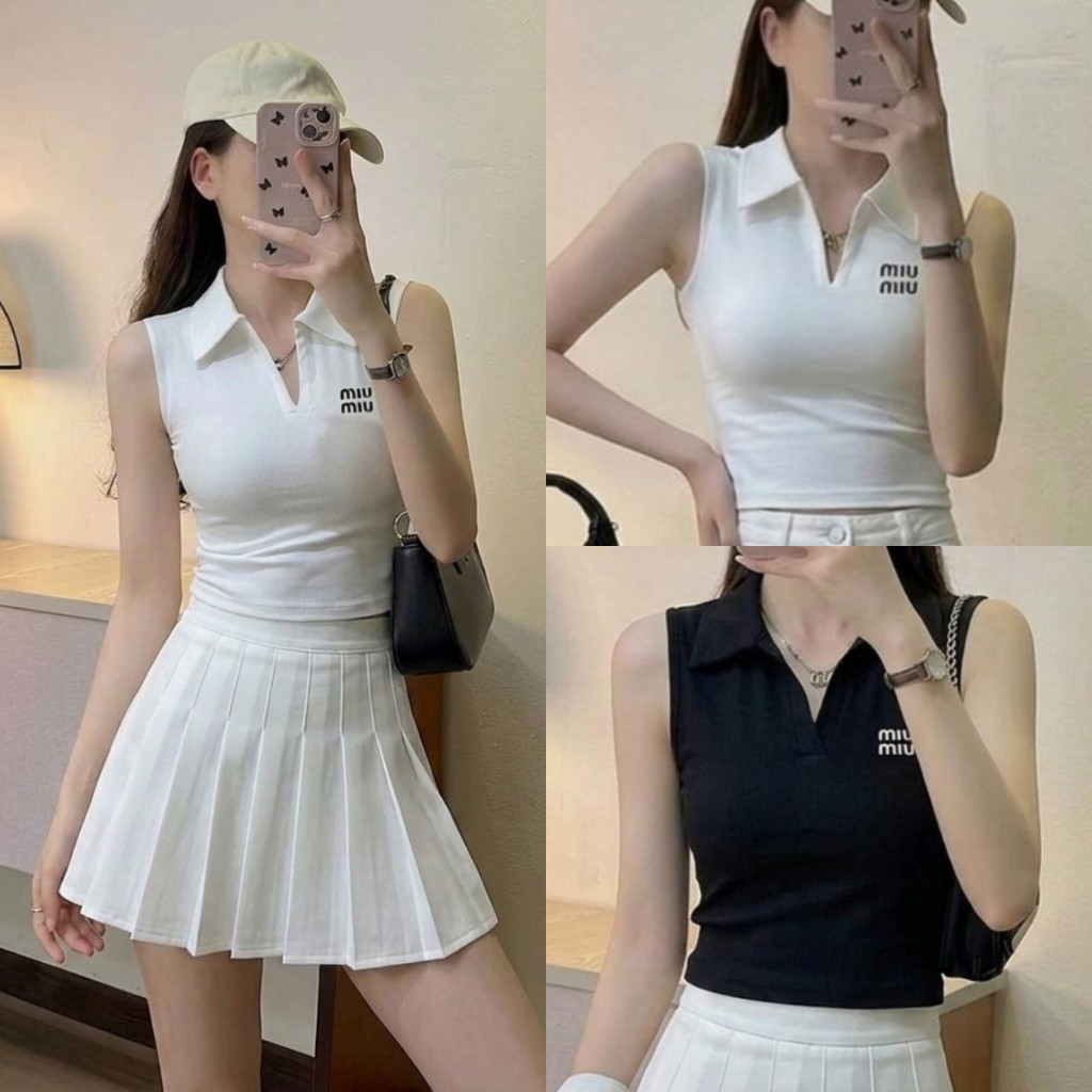 LVF - VERA เสื้อครอปคล้องคอผู้หญิงคอปกสไตล์เกาหลี คอ V อินเทรนด์