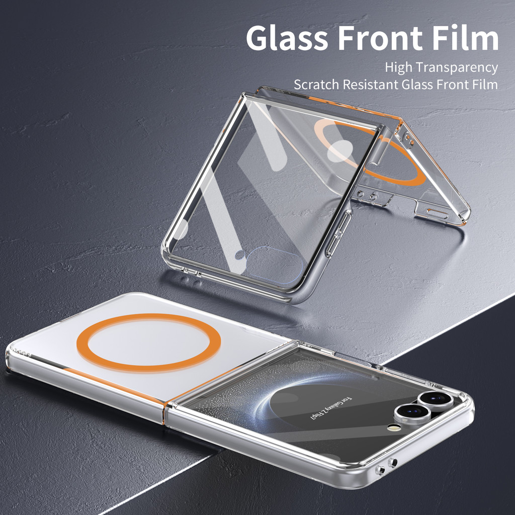 Magnetic Clear Case สําหรับ Galaxy Z Flip 8/7/6/5/4/3 Hard PC เข้ากันได้กับ MagSafe ไร้สายชาร์จปลอกพร้อมฟิล์มด้านหน้าแก้ว