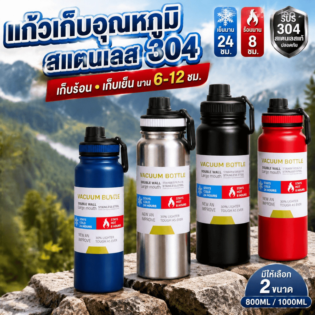 800ML/1000ml ขวดน้ำสแตนเลสแบบสุญญากาศ ฉนวนกันความร้อน ขวดน้ำแบบสุญญากาศ แก้วน้ำทนความเย็น ขวดน้ำกีฬา