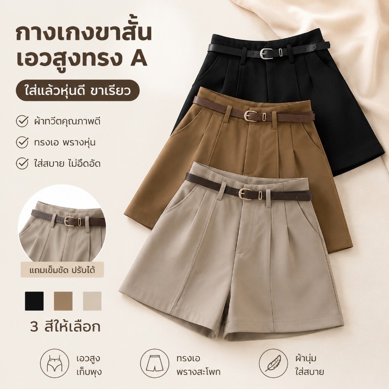 UV✨แนะนำกางเกงขาสั้นเอวสูงสไตล์เกาหลี ทรง A-line สำหรับผู้หญิง ส่งเร็วจากไทย