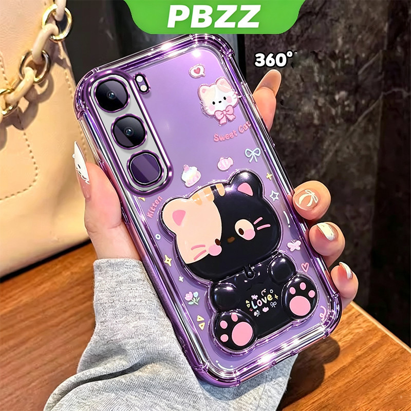สําหรับ vivo v40 v50 v60 lite Y19S y29s y29t y04 Y04S Y21D Y31 5G Y29 4g เคสโทรศัพท์กันกระแทกความงามพร้อมผู้ถือแมวน่ารักโปร่งใสสําหรับสาวสีม่วง SJMM4ZJ