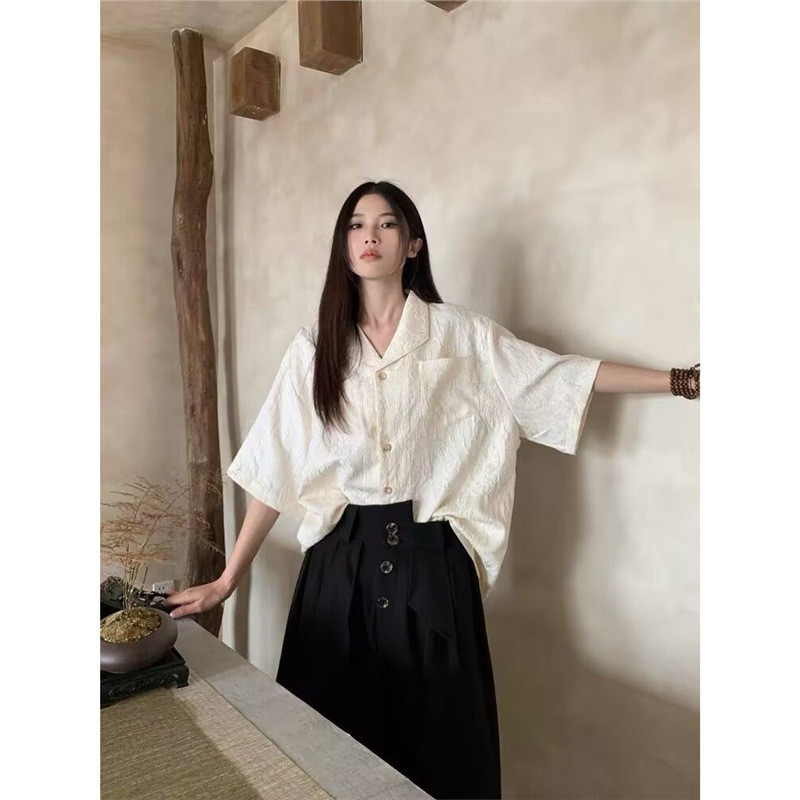 150 กก.ไขมัน MM ขนาดใหญ่พิเศษใหม่สไตล์จีน Cuban Collar นูนเสื้อ Jacquard Yoji Yamamoto ฤดูร้อนผู้หญิ