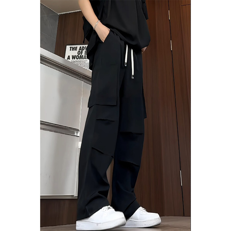 American High Street Street Wear Overalls ผู้ชายสีดํากางเกงกระเป๋าลําลองฤดูใบไม้ร่วงสไตล์ใหม่ชายตรงห