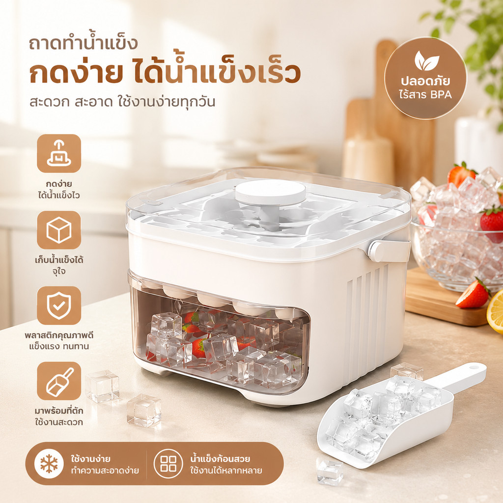GaGiNang กล่องทำน้ำแข็ง พิมพ์ทำน้ำแข็งก้อน รุ่นสีขาว มีหูหิ้ว พิมพ์2ชั้น แถมฟรีที่ตัดน้ำแข็งในชุด พลาสติกอย่างดี สุดคุ้ม